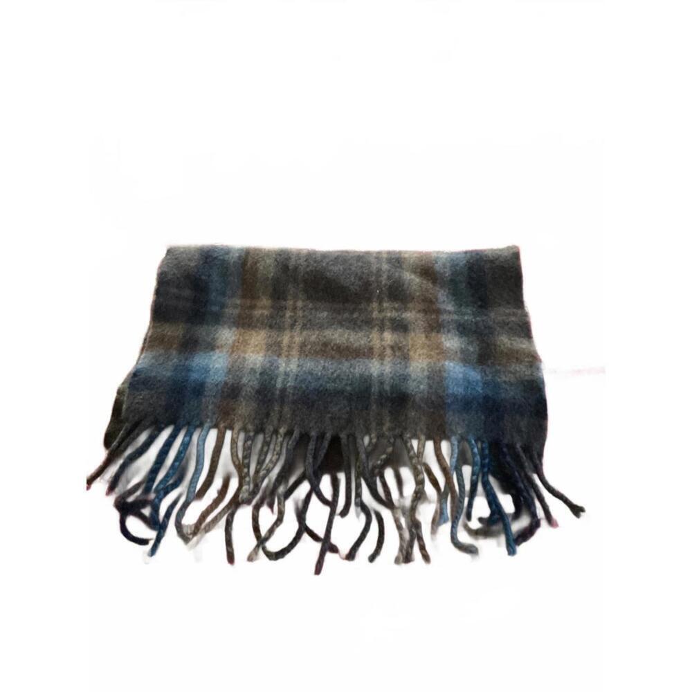 Faconnable Lamswool/Angora England Plaid Fringe Scarf in Blue and Brown Tones